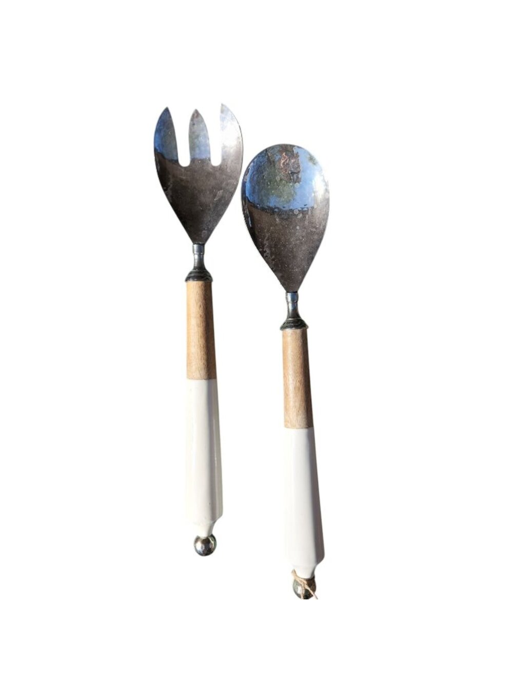 Two's Company Hammered Stainless Wood Handled Salad Serving Set 14"